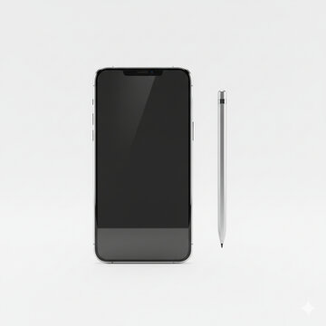 Sleek silver smartphone with digital pen for creative design and modern productivity, perfect for business presentations and digital art projects with a minimalist style