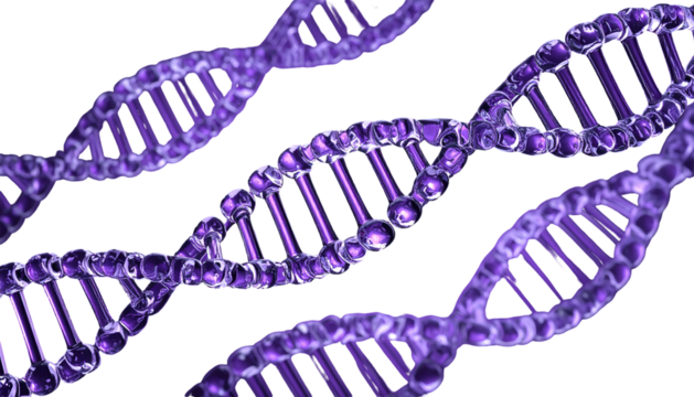 3D-rendered illustration of multiple overlapping DNA strands, purple and glossy