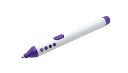 A white and purple pen-like device isolated on a black background, with buttons and a tip