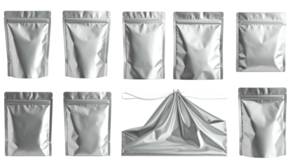 Silver pouches of varying shapes and a folded cloth arranged against a black backdrop