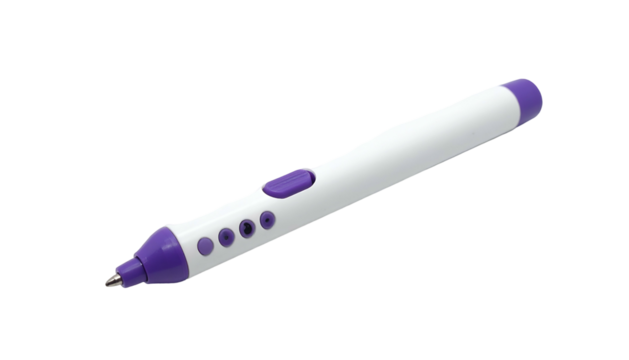 A white and purple pen-like device isolated on a black background, with buttons and a tip