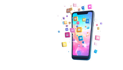 3D-rendered smartphone with app icons floating from screen. Black background