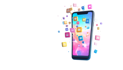 3D-rendered smartphone with app icons floating from screen. Black background