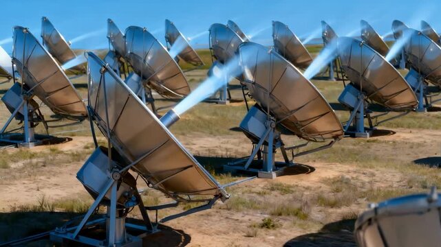 Medium shot of parabolic solar thermal collectors focusing sunlight onto a central receiver efficiently capturing solar energy for heating applications.