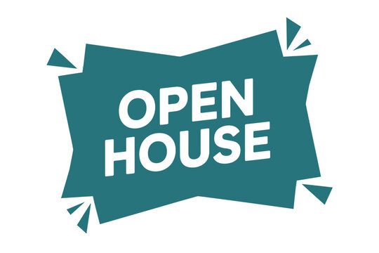 Open house announcement graphic with teal starburst shape