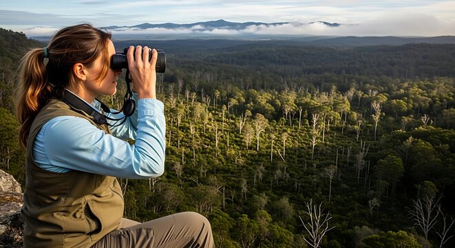Young Woman with Binoculars Sitting on Mountain Overlooking Forest and Mountains in Natural Light