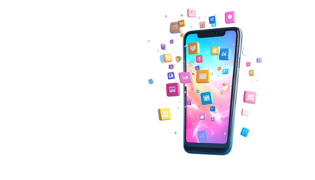 3D-rendered smartphone with app icons floating from screen. Black background