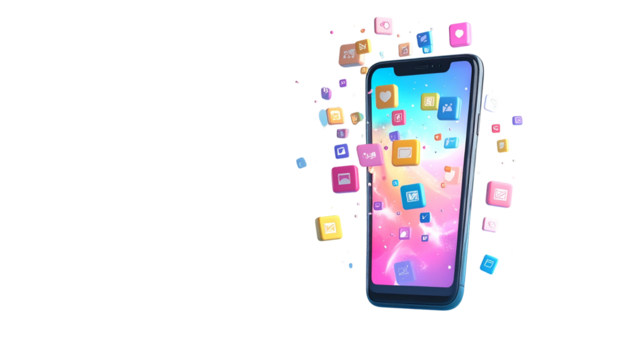 3D-rendered smartphone with app icons floating from screen. Black background