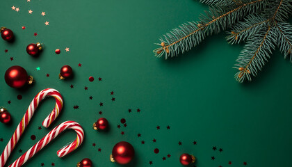 Christmas festive background with ornaments candy canes and evergreen branches