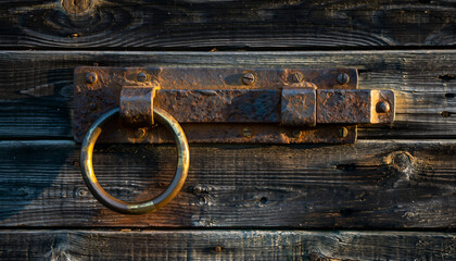 Rusty Metal Door Latch with Ring Handle on Weathered Wooden Surface