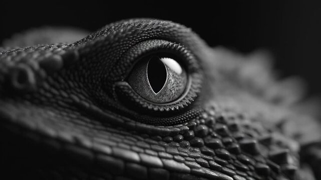 Close-up of a reptile's eye showcasing intricate textures and patterns in black and white