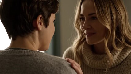 A compassionate woman gently comforts another person with a supportive hand.