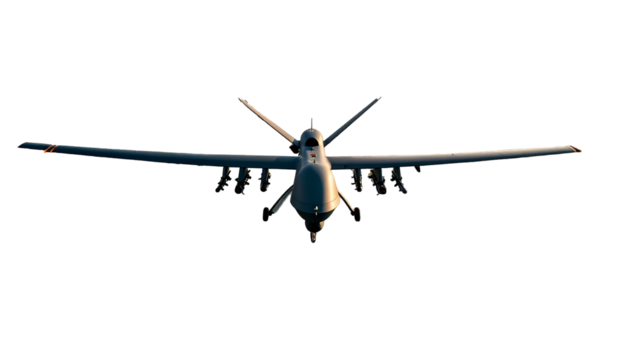 Shadowy aerial drone with extended wings, weapons mounted, set against a dark background