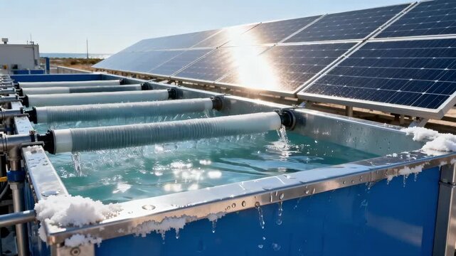 Medium shot of solarpowered desalination unit gently purifying seawater turning saltwater into usable irrigation supply under bright sunlight.