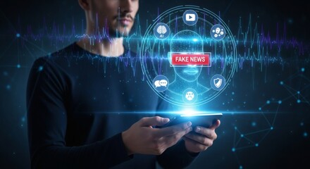 Man Engaged with Fake News Digital World and Misinformation Concept.