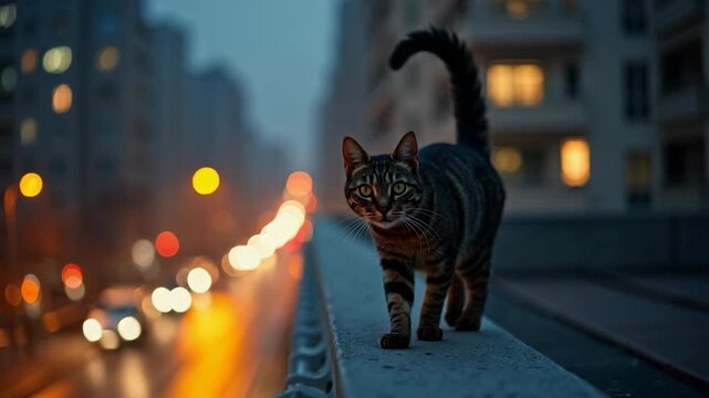 Striped tabby cat strolling along concrete ledge in twilight city environment. Blurred urban lights create bokeh effect in background. Moody evening atmosphere with cat's eyes glowing in low light.