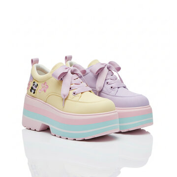 Trendy platform shoes with pastel colors and cute panda designs, perfect for adding a fun, stylish touch to any outfit, ideal for fashion lovers and unique footwear collections