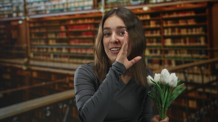 Fototapeta premium Young woman holding white tulips, smiling and cupping hand near mouth in library building balcony; playful joy curiosity.