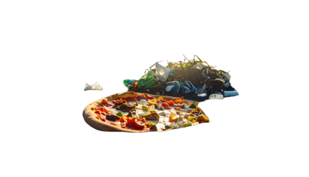 A pizza slice and pile of trash, cut out, isolated, highlighting food waste and pollution
