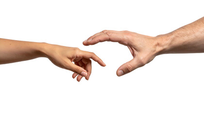 Close-up of two hands reaching out, nearly touching against a black background