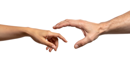 Close-up of two hands reaching out, nearly touching against a black background