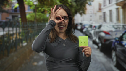 Fototapeta premium Young hispanic woman wearing glasses holds a sad sticky note and makes an ok sign with her hand on a busy city street lined with parked cars; playful.