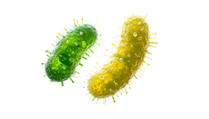 Two colorful bacteria with irregular shapes and spiky edges against a black background