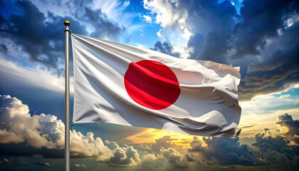 Waving Japan flag under dramatic cloudy sky with sunlight glow