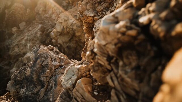 Detailed view of rugged rocky terrain, illuminated by warm golden sunlight, showcasing natural stone textures and patterns.