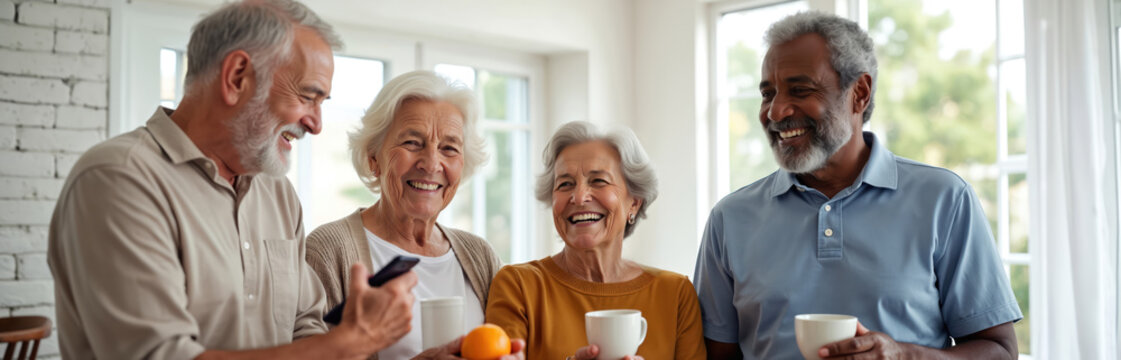 Elderly friends share tea and stories, smiling while looking at a smartphone. A diverse group enjoys a comfortable moment together indoors, holding mugs and fruit, showing companionship and joy. - Powered by Adobe