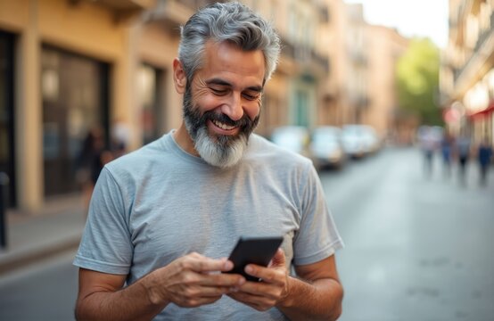 Mature hispanic man with grey hair and beard smiles using smartphone on city street. He reads message on phone, enjoys sunny day in urban setting. Modern technology connects older generation.