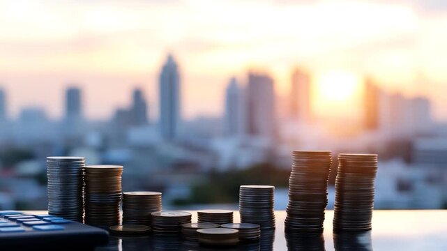 Stacks of coins and calculator with city skyline at sunset depicting financial growth and investment concepts