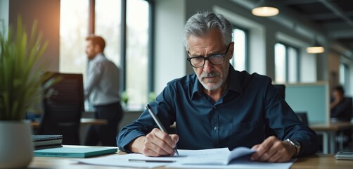 Mature man with glasses reviews papers and writes notes at desk. Focused professional works on financial report in modern office. Another man stands by window.
