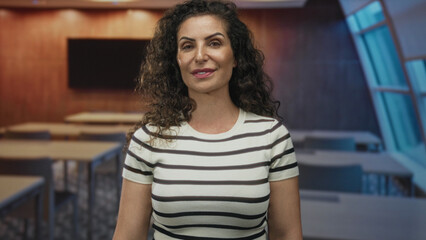 Woman face turns head right over shoulder in spacious color classroom lined with desks and glass windows; reflection.