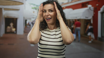 Hispanic woman in striped shirt holds hands to head on sunlit city street flanked by white awnings and boutique shops; surprise playfulness enjoyment fun.
