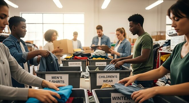 Group of Diverse People Sorting Clothes in Donation Center with Labels for Men’s T-shirts Children’s Wear and Winter Clothing