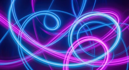 Abstract swirling neon light trails in vibrant blue and pink hues