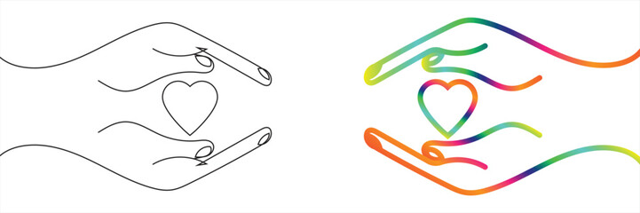 coloring Hands holding heart continuous one line art drawing. Charity donation linear symbol. Vector illustration isolated on white