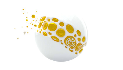 Glossy white sphere with golden circular patterns erupting into particles