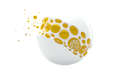 Glossy white sphere with golden circular patterns erupting into particles