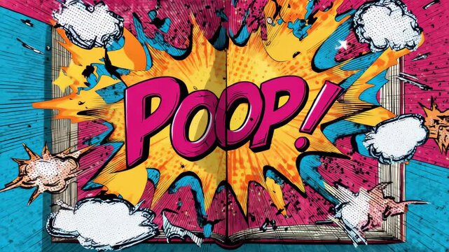 Colorful comic book page featuring the playful word poop in a dynamic graphic explosion with clouds