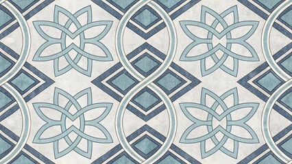 Seamless geometric pattern with floral and diamond motifs in muted blue and grey