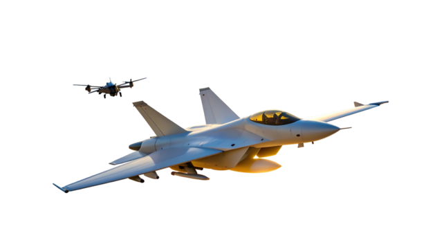Two advanced fighter jets in flight against a black backdrop, one in focus