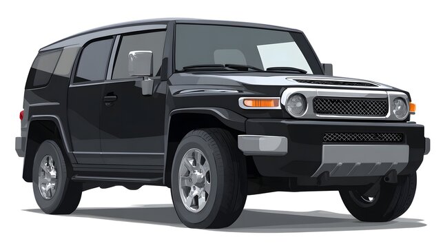 Black sport utility vehicle is depicted in a three quarter front view illustration