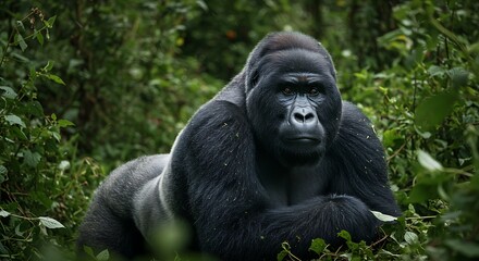 Naklejka premium Majestic Silverback Gorilla Resting in Lush Green Jungle Environment.