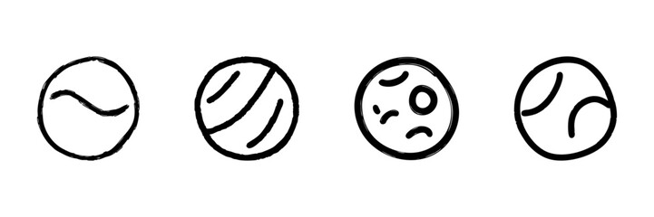 Obraz premium Abstract Planetary Symbols Line Icon Set In Doodle Style. Celestial Bodies, Astronomy, And Space Exploration Outline Sketch Collection. Hand Drawn Isolated Vector Illustration