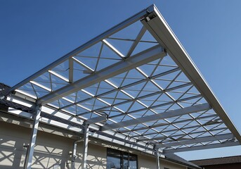Fototapeta premium Modern Glass and Steel Canopy Structure Against a Blue Sky.