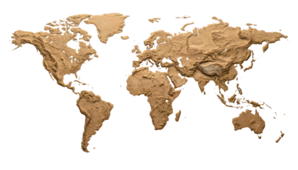 A 3D topographical world map, golden brown, with shadows, floating over black