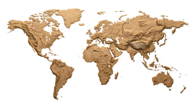 A 3D topographical world map, golden brown, with shadows, floating over black