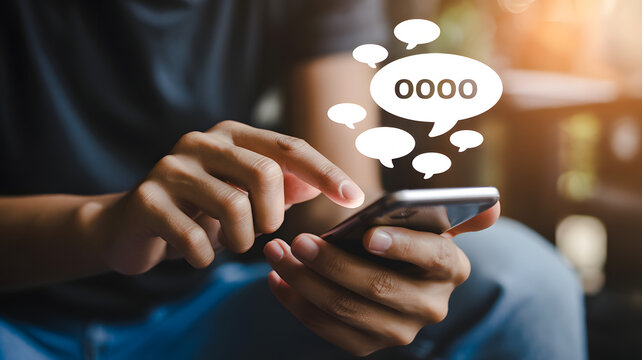 Engaged hands typing messages on phone with speech bubbles, showcasing digital connection and communication for modern lifestyle and social media usage